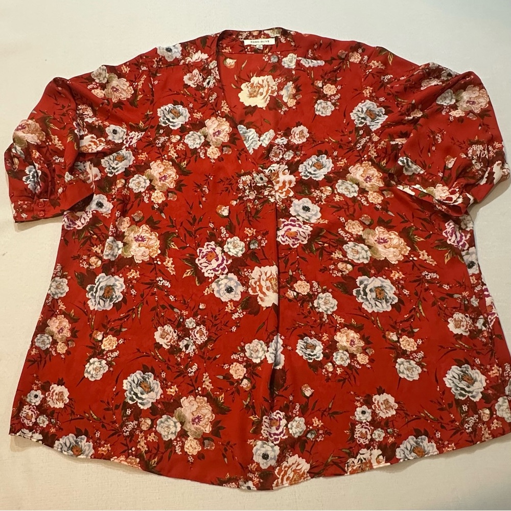 Rose + Olive 3X Dark Orange Floral Blouse